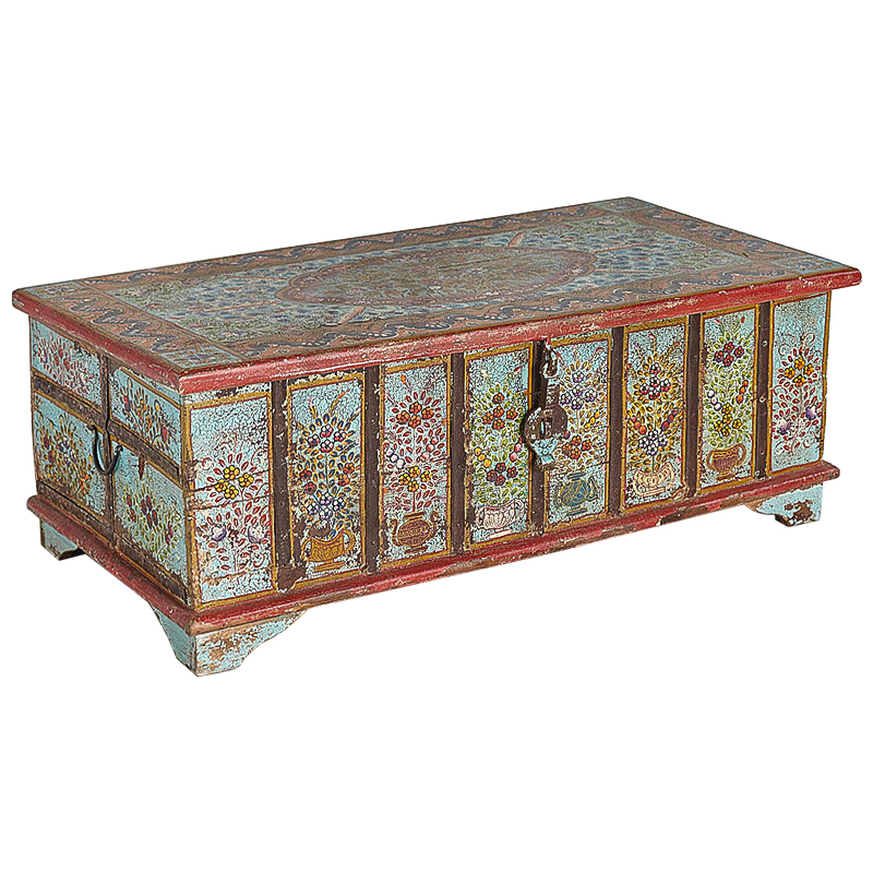 Сундук ручная роспись Pran Antique Indian Painted Chest Мульти Бирюзовый Красный в Уфе | Loft Concept 