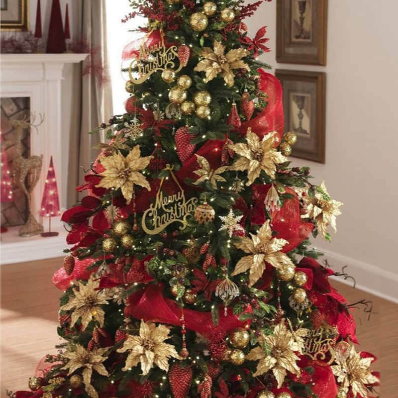 Дизайнерская Елка с Красным и Золотым новогодним декором Christmas Tree Golden Flowers Красный Золотой в Уфе | Loft Concept 