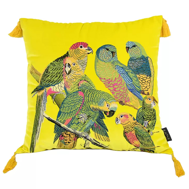 Декоративная подушка с вышивкой Embroidery Parrots Pillow Yellow Желтый Мульти в Уфе | Loft Concept 