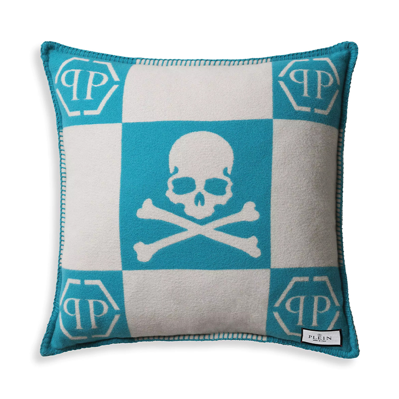 Подушка Philipp Plein Cushion Cashmere Skull 45 x 45 Голубой Белый в Уфе | Loft Concept 