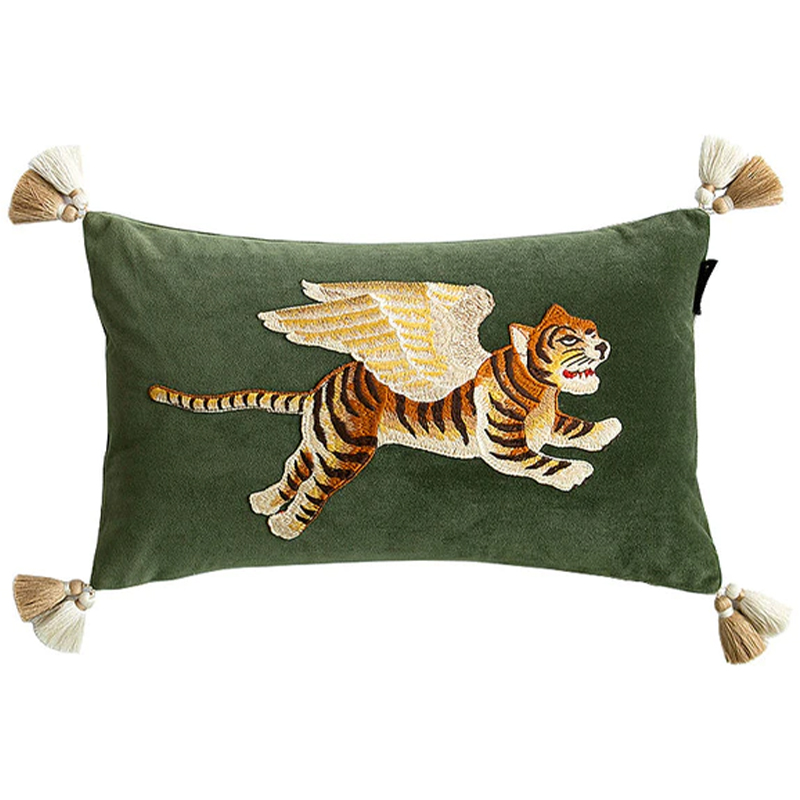 Декоративная подушка с вышивкой Стиль Gucci Winged Tiger Cushion Зеленый Оранжевый Золотой в Уфе | Loft Concept 