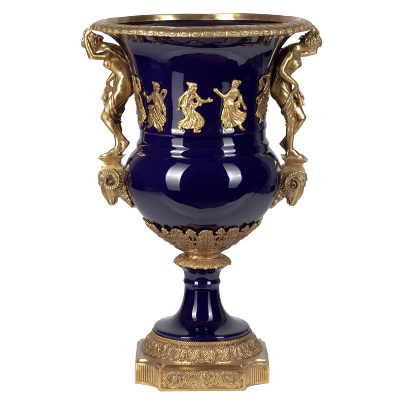 Ваза темно-синего цвета из фарфора с бронзовыми ручками в виде фигур Eden Garden porcelain and bronze Темно-синий Бронза Ваза темно-синего цвета из фарфора с бронзовыми ручками в виде фигур Eden Garden porcelain and bronze Темно-синий Бронза в Уфе | Loft Concept