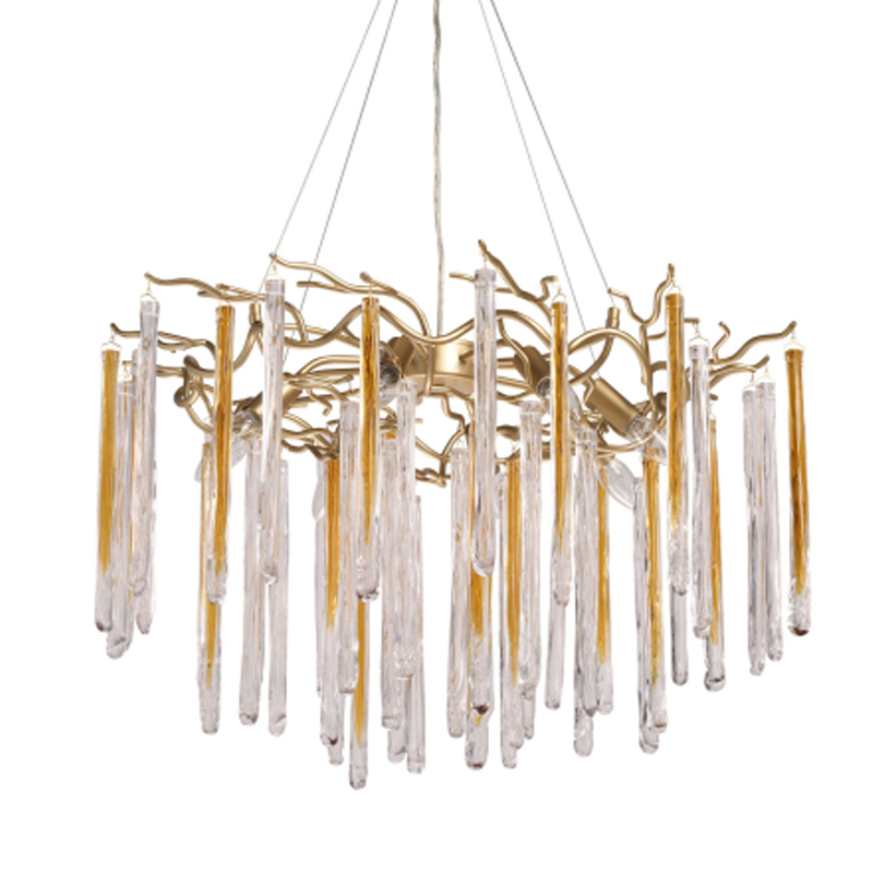 Люстра подвесная золотого цвета с разветвленными ветвями и прозрачными стеклянными подвесками Droplet Chandelier Золотой Прозрачный в Уфе | Loft Concept 