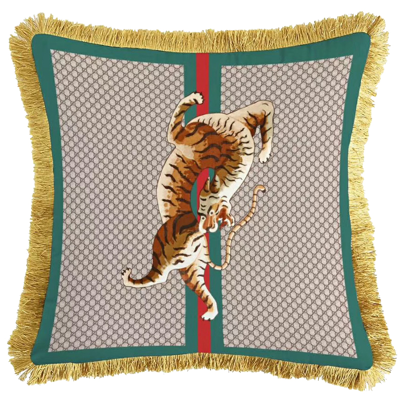 Декоративная подушка Cтиль Gucci Tiger Серый Зеленый Оранжевый Золотой в Уфе | Loft Concept 