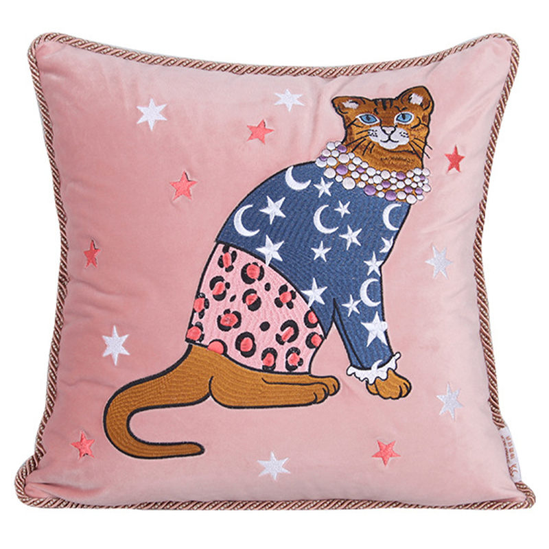 Декоративная подушка с вышивкой Magic Cat Embroidery Cushion Розовый Синий Оранжевый Мульти в Уфе | Loft Concept 