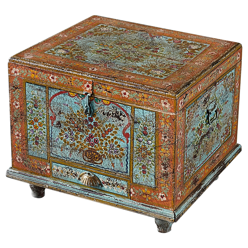 Сундук ручная роспись Harsh Antique Indian Painted Chest Мульти Бирюзовый Оранжевый в Уфе | Loft Concept 