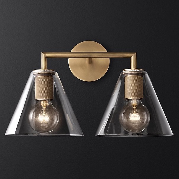 Бра RH Utilitaire Funnel Shade Double Sconce Brass Прозрачное Стекло Латунь в Уфе | Loft Concept 