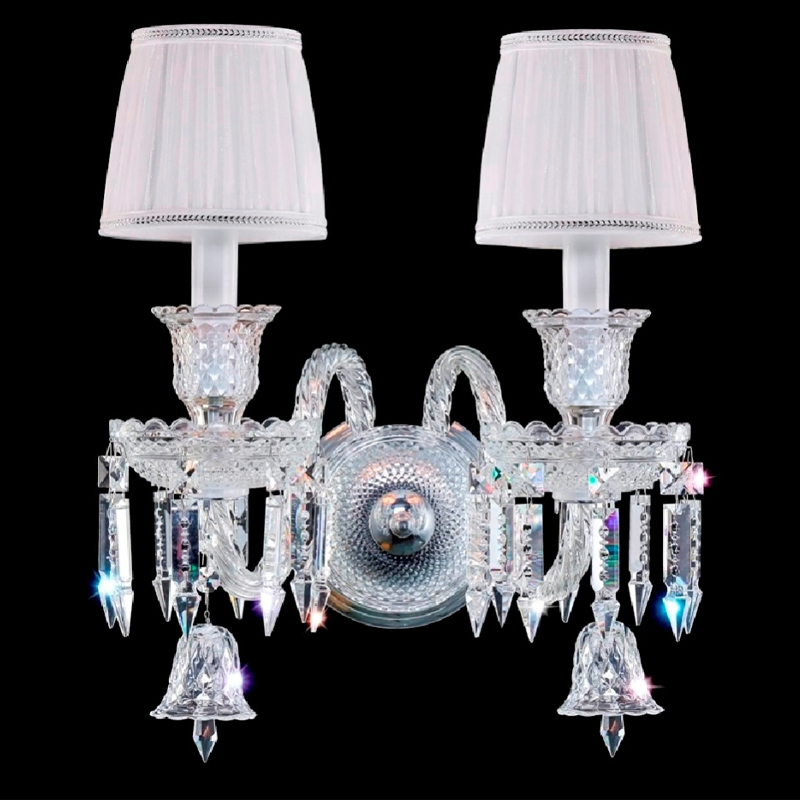 Бра с двумя белыми текстильными абажурами и хрустальными подвесками Lustre Reverie Хром Прозрачное Стекло Белый Бра с двумя белыми текстильными абажурами и хрустальными подвесками Lustre Reverie Хром Прозрачное Стекло Белый в Уфе | Loft Concept