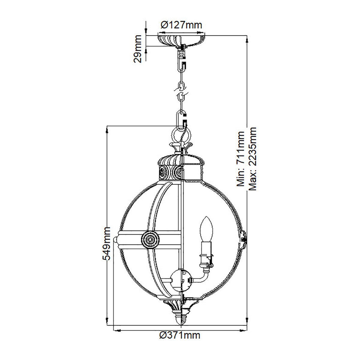 Подвесной светильник с прозрачным стеклянным плафоном в форме шара цвета никеля в индустриальном стиле на цепи 3 лампы Feiss в Уфе
