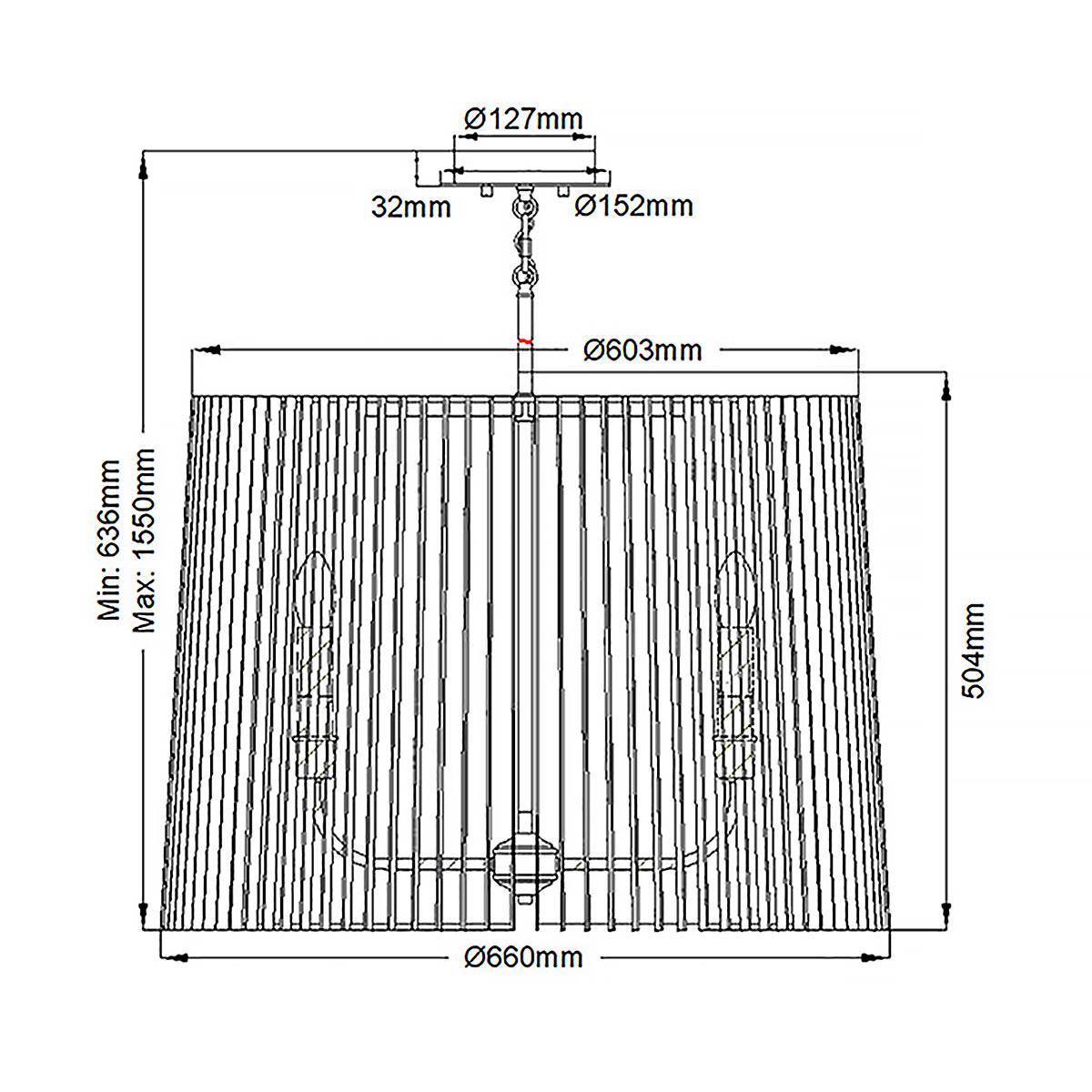 Люстра цвета латунь с 6-ю лампами свечами внутри цилиндрического абажура из черных металлических реек Kichler в Уфе