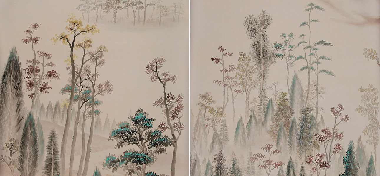 Обои ручная роспись Mountains Above Clouds Original colourway on Pearl Pink metallic silk - фото