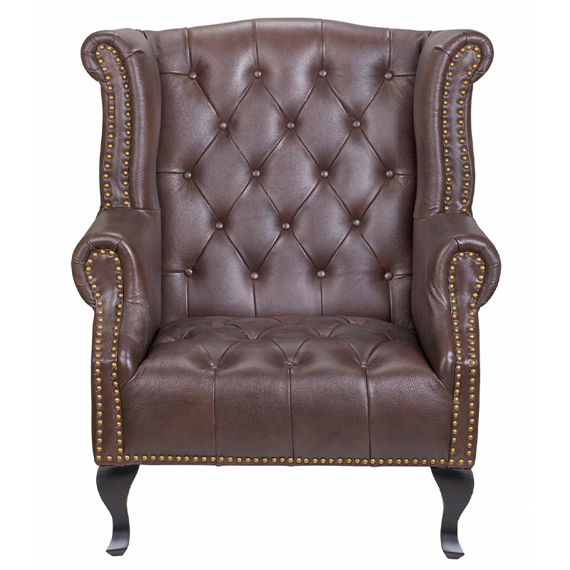 Кресло из натуральной кожи на 4-х деревянных ножках из массива бука Thomas Armchair brown Коричневый Черный в Уфе | Loft Concept 