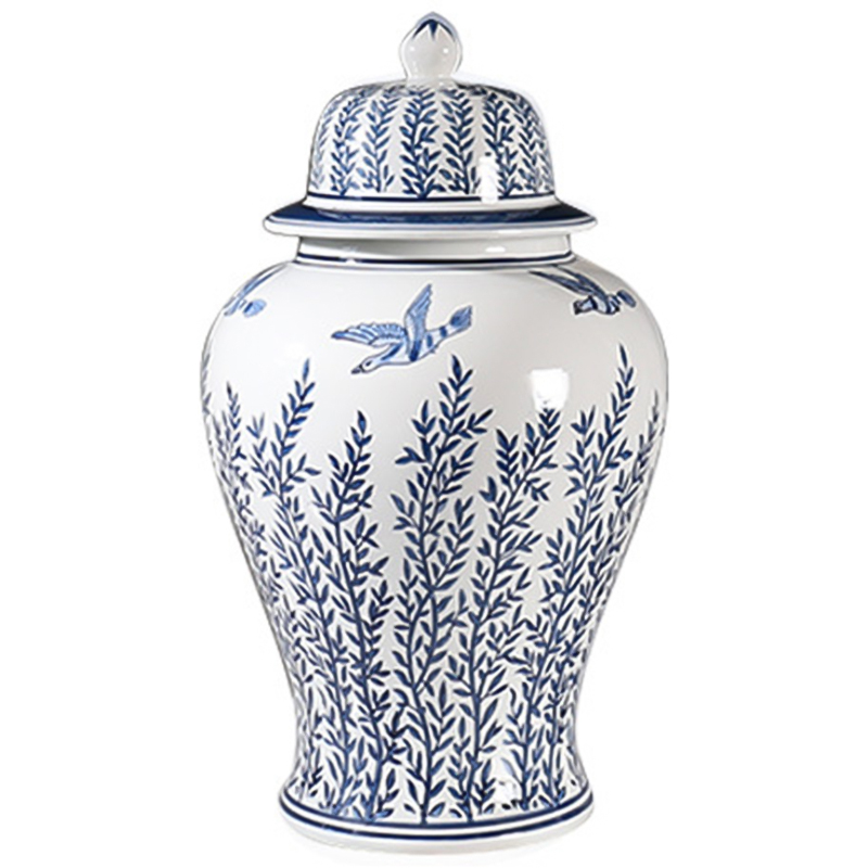 Ваза с крышкой Oriental Blue & White Flying Birds Vase Белый Синий в Уфе | Loft Concept 