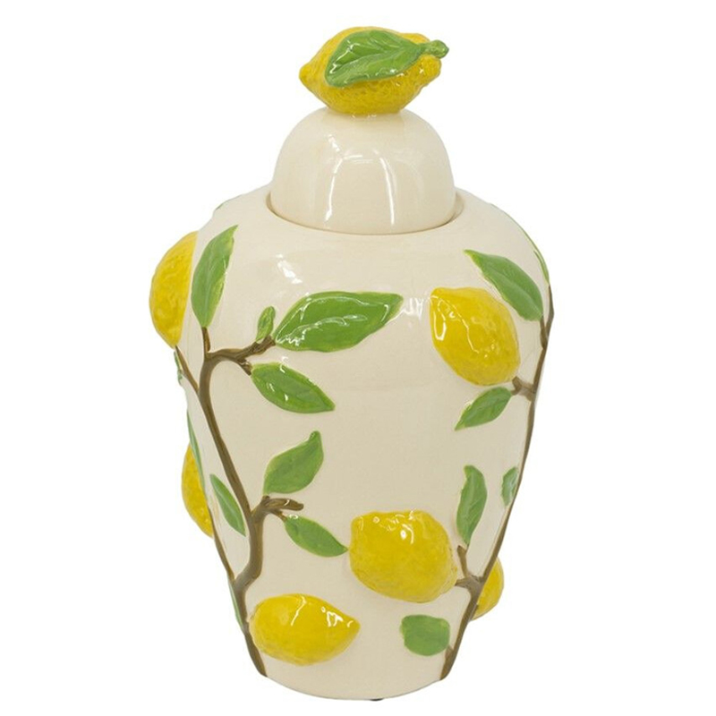 Ваза с крышкой кремового цвета и объемным рисунком лимонов и листьев Lemon Delight Кремовый Желтый Коричневый Зеленый Ваза с крышкой кремового цвета и объемным рисунком лимонов и листьев Lemon Delight Кремовый Желтый Коричневый Зеленый в Уфе | Loft Concept