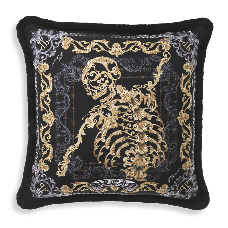 Подушка Philipp Plein Cushion Silk Skeleton 50 x 50 cm Черный Серый Золотой в Уфе | Loft Concept 