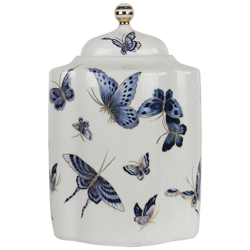 Ваза с крышкой Porcelain Butterfly Blue and Gold Vase Белый Синий Золотой в Уфе | Loft Concept 