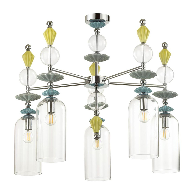 Люстра Iris Glass Chandelier candy 5 chrome Прозрачное Стекло Прозрачный зеленый Желтый Хром в Уфе | Loft Concept 