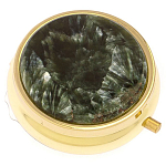 Таблетница карманная круглая с 3-мя отделениями и накладкой из натурального камня Серафинит Gold Stone Pillboxes варинант исполнения - 1 | Loft Concept в Уфе