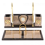 Настольный письменный набор из бежевого мрамора с часами и гербом Marble Accessory варинант исполнения - 1 | Loft Concept в Уфе