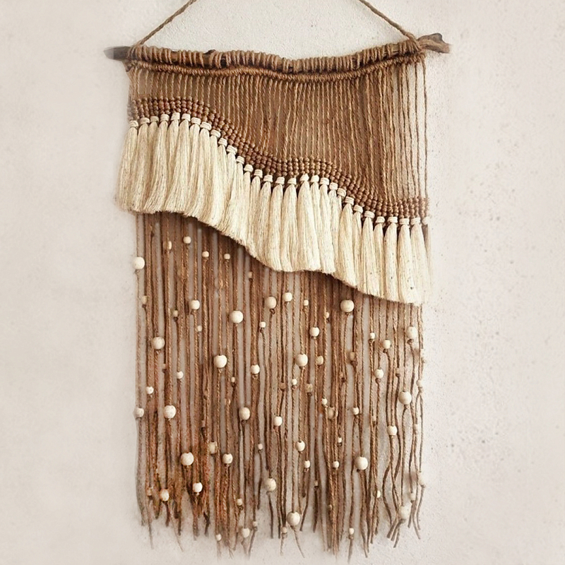 Дизайнерское Панно Дюна Макраме из нитей и бусин Wall Panel Dune Светло-бежевый Коричневый в Уфе | Loft Concept 