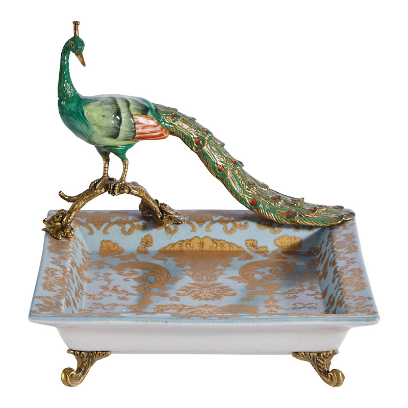 Блюдо квадратное с павлином на бронзовых ножках Eden Garden Голубой Бронза Мульти в Уфе | Loft Concept 