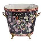 Кашпо из фарфора черная с цветочной росписью и бронзовой стрекозой Spring Garden варинант исполнения - 1 | Loft Concept в Уфе