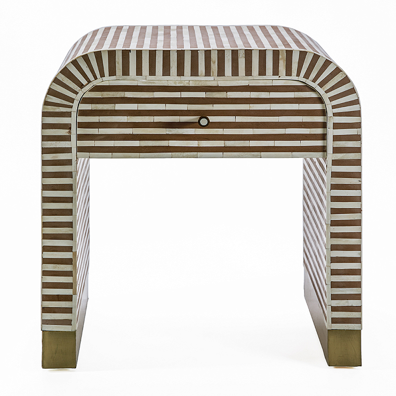 Тумбочка прикроватная с ящиком Tofino Stripes Bone Inlay Bedside Beige ivory ( слоновая кость ) Коричневый Золотой в Уфе | Loft Concept 