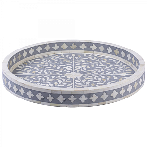 Круглый поднос Инкрустация костью Серый