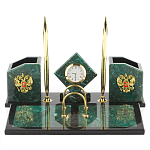 Настольный письменный набор из змеевика с часами и гербом Successful Leader варинант исполнения - 1 | Loft Concept в Уфе