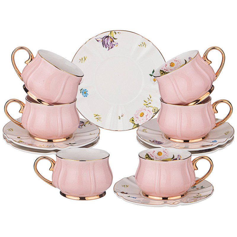 Чайный набор из фарфора на 6 персон 12 предметов Tea Porcelain Set Белый Золотой Розовый в Уфе | Loft Concept 