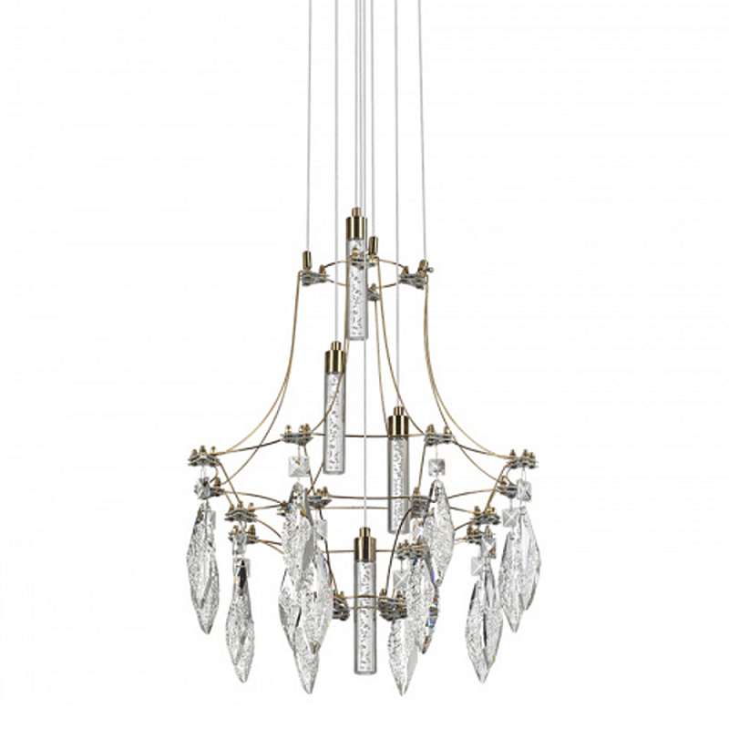 Люстра подвесная из металла с хрустальными подвесками прозрачного цвета Quasar 41 Золотой Хром в Уфе | Loft Concept 