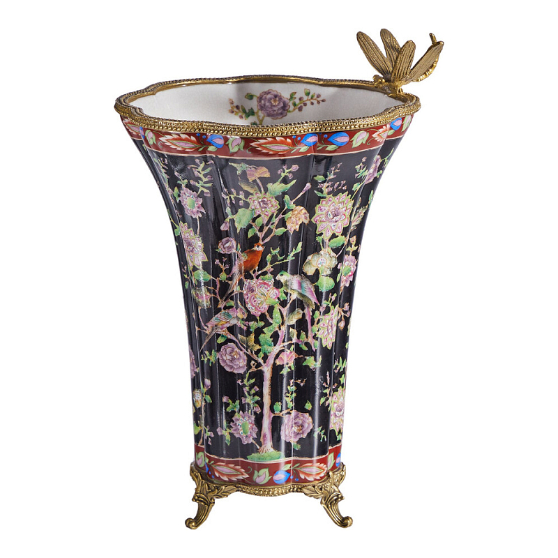 Ваза из фарфора черная с цветочной росписью и бронзовой стрекозой Spring Garden Бронза Мульти Черный в Уфе | Loft Concept 