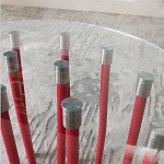 Дизайнерский журнальный стол с круглой прозрачной столешницей и основанием в виде красных металлических тросов Wires варинант исполнения - 5 | Loft Concept в Уфе