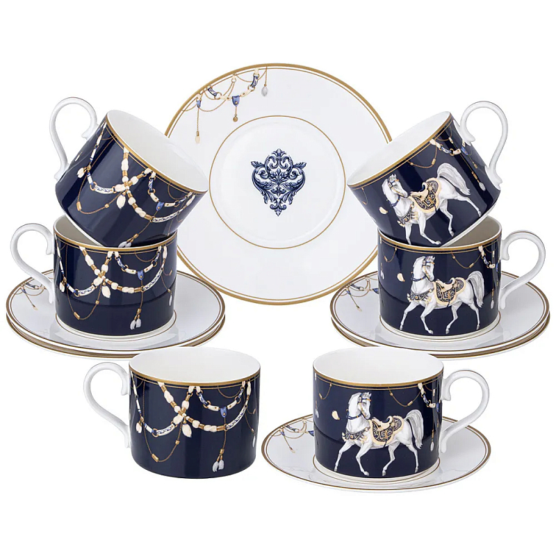 Чайный набор из фарфора с изображением лошадей на 6 персон 12 предметов Porcelain Horse Set Белый Синий в Уфе | Loft Concept 