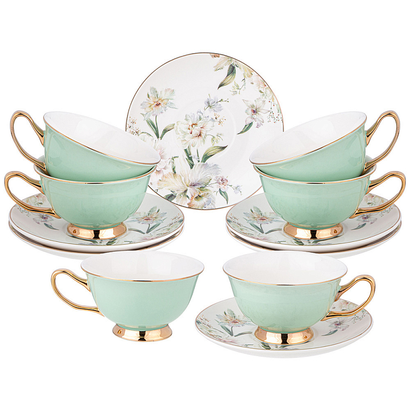 Чайный набор из фарфора на 6 персон Tea Porcelain Set Белый Золотой Зеленый в Уфе | Loft Concept 