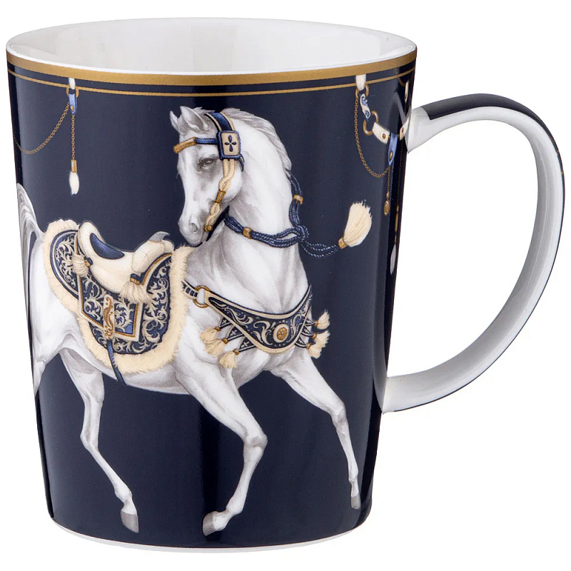 Кружка из фарфора синяя с изображением лошади 400 мл Porcelain Horse Set Белый Синий Золотой в Уфе | Loft Concept 