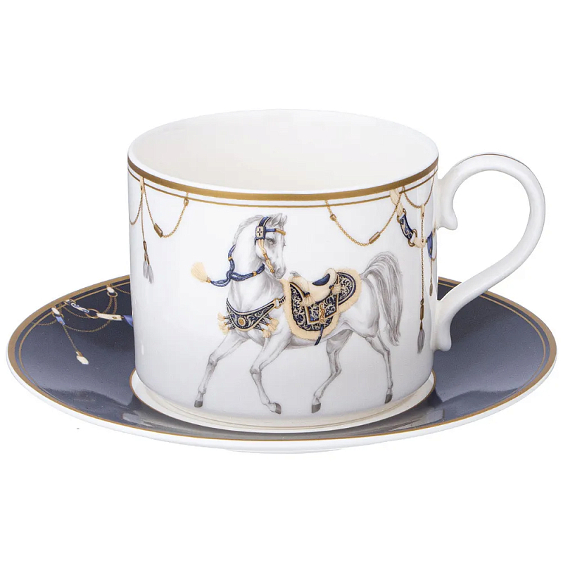 Чайная пара из фарфора с изображением лошади 300 мл Porcelain Horse Set 2 Белый Синий Золотой в Уфе | Loft Concept 