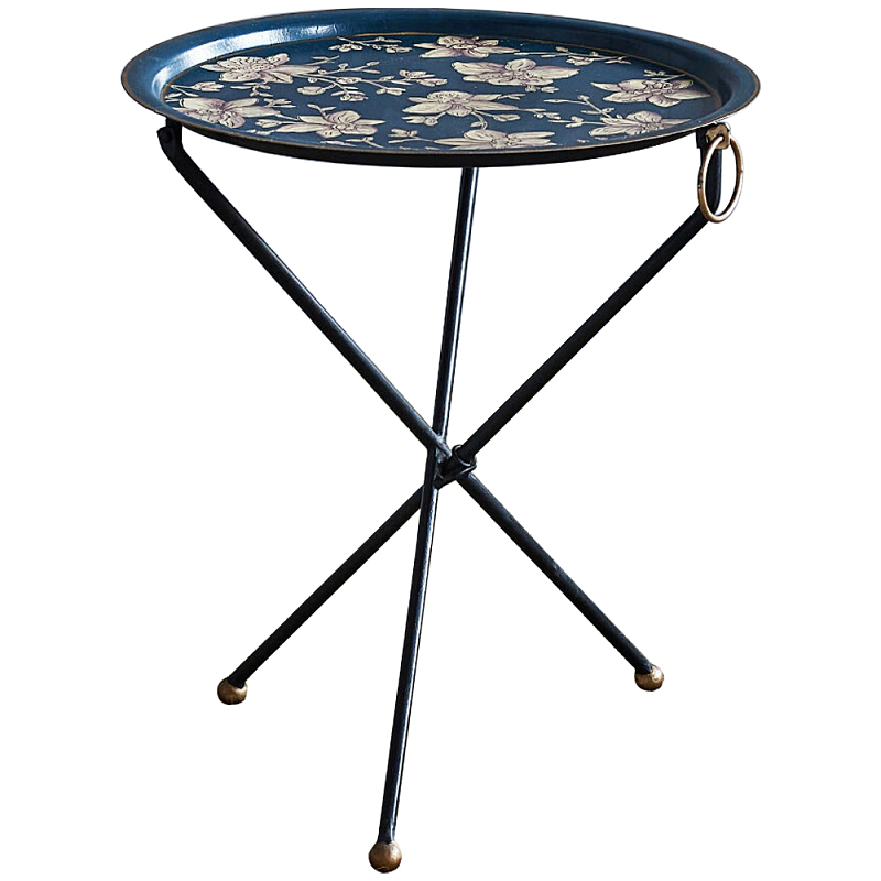 Круглый приставной столик складной Chinoiserie Flowers Side Table Синий Бежевый Латунь Круглый приставной столик складной Chinoiserie Flowers Side Table Синий Бежевый Латунь в Уфе | Loft Concept