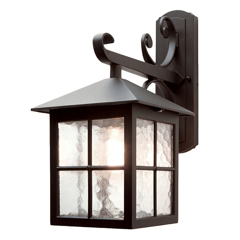 Настенный фонарь черного цвета в форме фонаря с решетчатым плафоном и фактурным стеклом Elstead Lighting Черный Прозрачное Стекло в Уфе | Loft Concept 