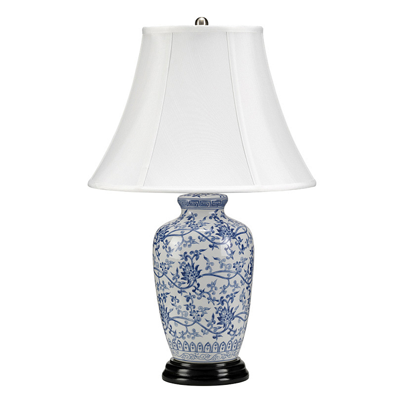 Настольная лампа с фарфоровым основанием с декоративным орнаментом и белым абажуром на темной круглой подставке Elstead Lighting Белый Синий Никель Черный Золотой Серебряный в Уфе | Loft Concept 