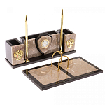 Настольный письменный набор из бежевого мрамора с часами и гербом Marble Accessory варинант исполнения - 2 | Loft Concept в Уфе