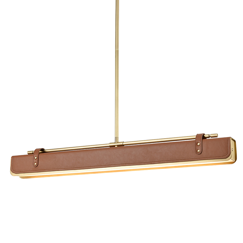 Подвесной светильник линейный латунного цвета в кожаном коричневом чехле и декоративными ремешками Alora Латунь Коричневый в Уфе | Loft Concept 