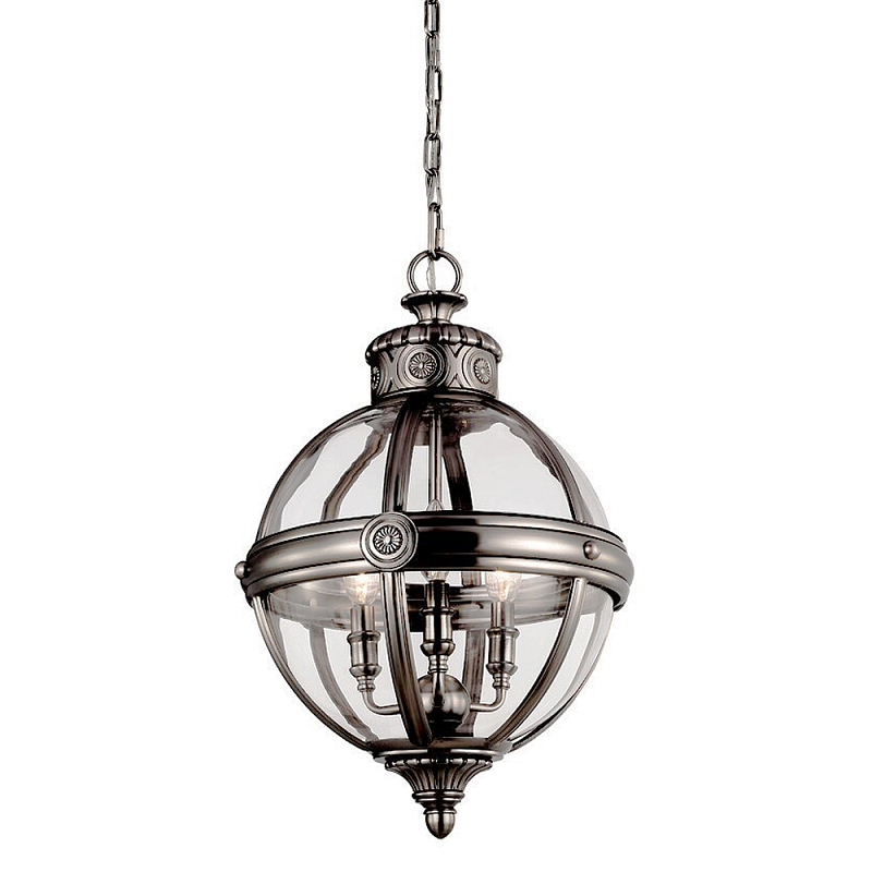 Подвесной светильник с прозрачным стеклянным плафоном в форме шара цвета никеля в индустриальном стиле на цепи 3 лампы Feiss Никель Прозрачное Стекло в Уфе | Loft Concept 
