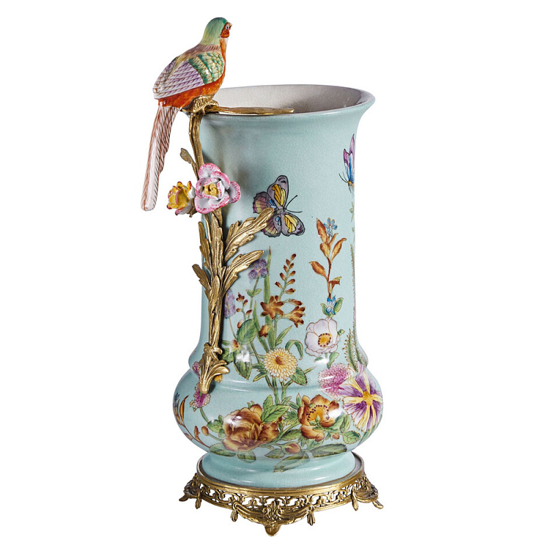 Ваза с птичкой из фарфора с бронзовыми элементами Garden of Eden Бронза Мульти Зеленый в Уфе | Loft Concept 