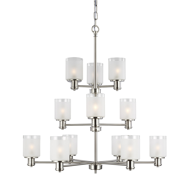 Люстра двухъярусная цвета никель с 12-ю матовыми цилиндрическими стеклянными плафонами Generation Lighting Никель Белый Бежевый в Уфе | Loft Concept 