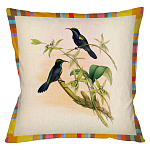 Декоративная подушка бежевая в разноцветную полоску с изображением птиц и цветов Blooming Birds Colorful Cushion варинант исполнения - 12 | Loft Concept в Уфе