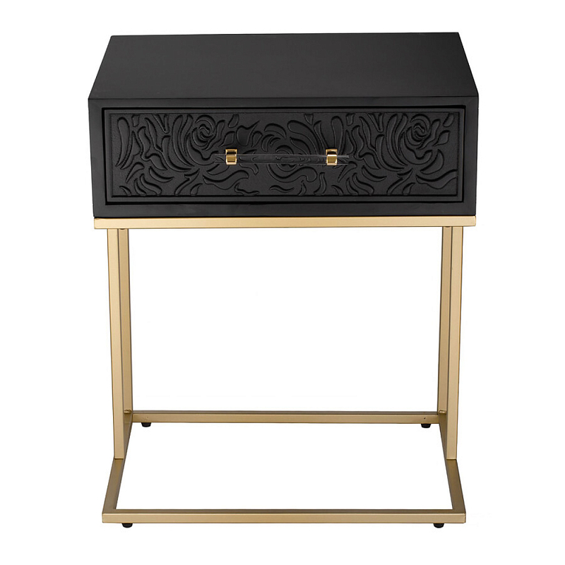 Приставной столик с резным узором на выдвижном ящике Black Table Carved Pattern Черный Золотой в Уфе | Loft Concept 