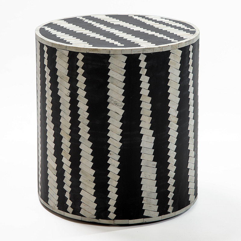 Приставной круглый столик с инкрустацией Black and White Geometry Stool ivory ( слоновая кость ) Черный в Уфе | Loft Concept 