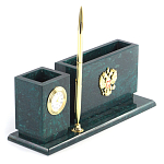 Настольный письменный набор с гербом России и часами из природного камня змеевик Successful Leader варинант исполнения - 2 | Loft Concept в Уфе