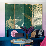 Обои ручная роспись в стиле Арт-деко Whistler Peacocks Original colourway on green painted silk варинант исполнения - 1 | Loft Concept в Уфе